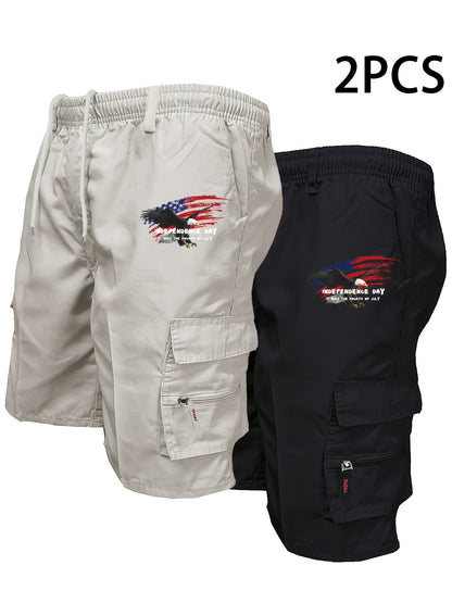 Men'S 2pcs Print Cargo Shorts Set with Zipper Pockets - Two-Piece American Flag & Eagle Design, Casual Sporty Style, Non-Stretch Fabric, Perfect for Independence Day Outfits