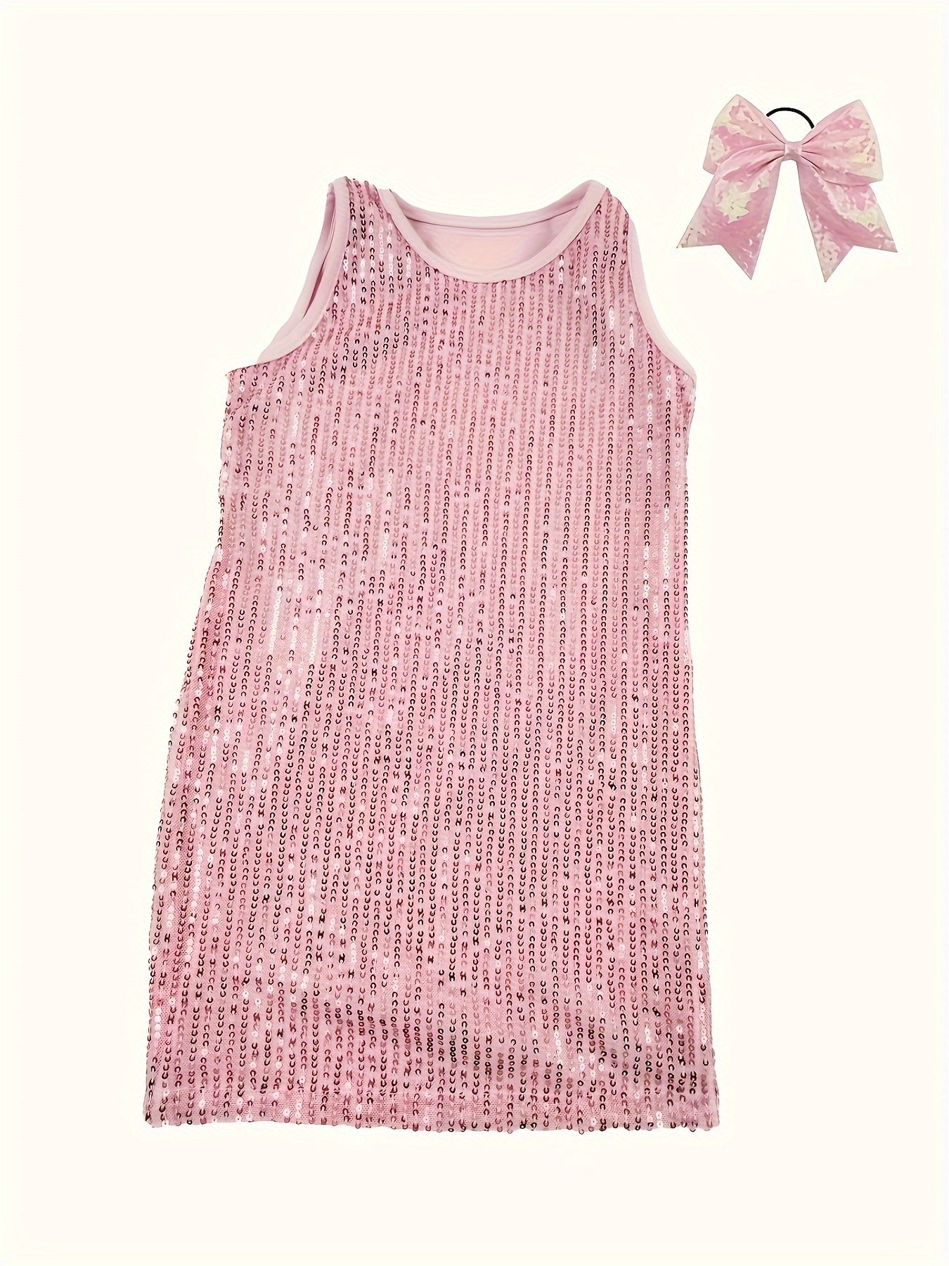 [2pcs Sparkly Sequin Dress] 2pcs/set Sparkly Sequin Sleeveless Dress for Girls | Fashionable Princess Party Gown with Hair Tie | 3-14Y (Dress + Headband)