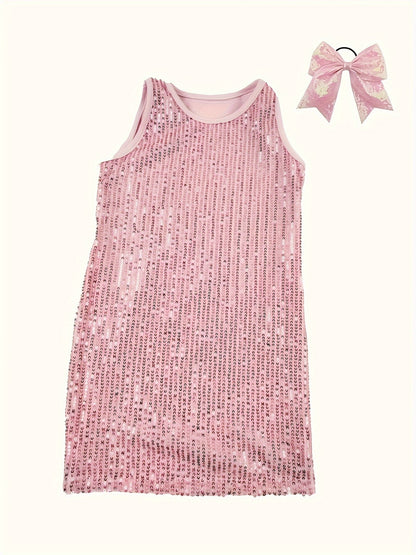 [2pcs Sparkly Sequin Dress] 2pcs/set Sparkly Sequin Sleeveless Dress for Girls | Fashionable Princess Party Gown with Hair Tie | 3-14Y (Dress + Headband)