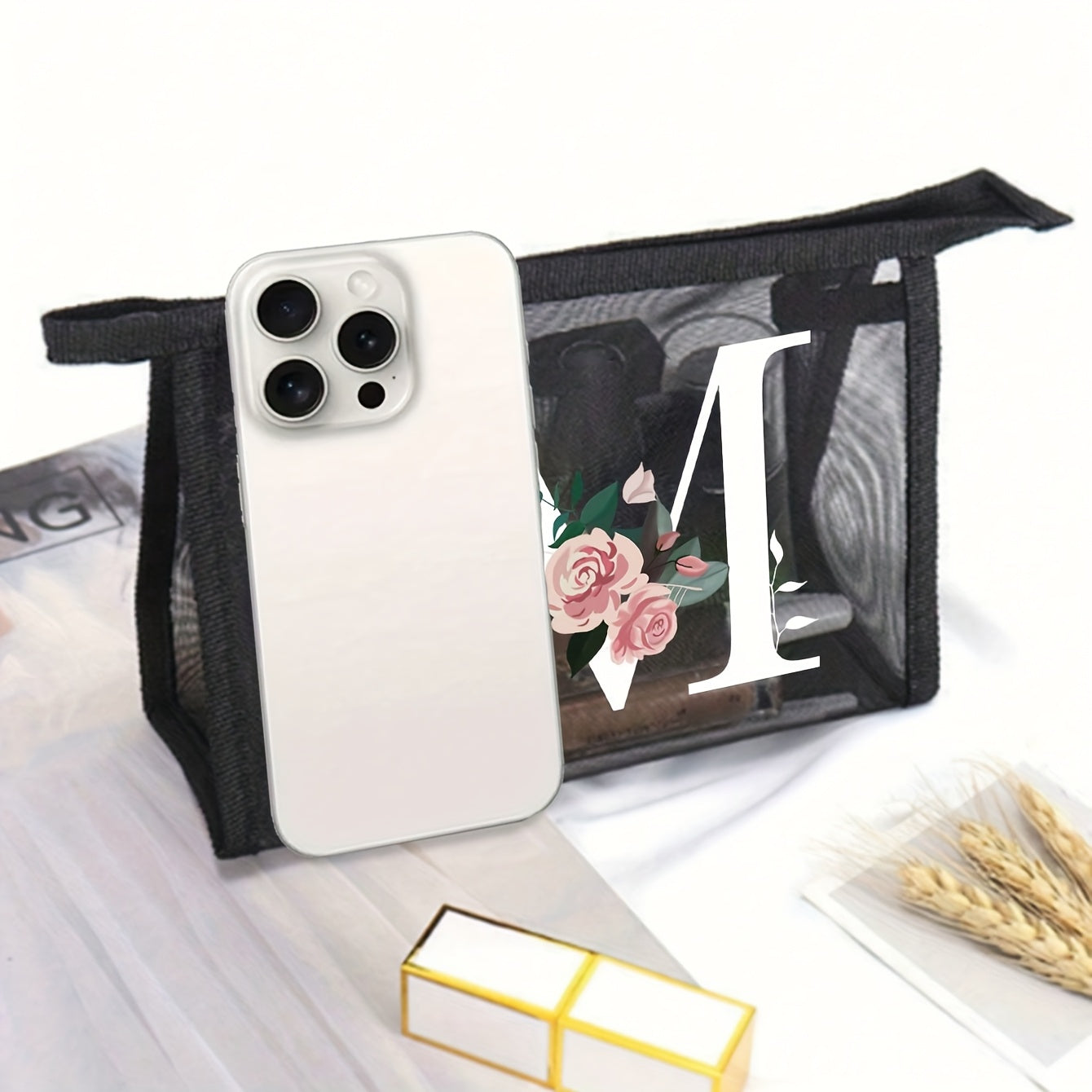 1pc Black Mesh Toiletries Storage Bag | Large Capacity Pink Flowers With White Letters A-Z, Transparent Mesh, Multi-Functional Travel Portable Bag, Lipstick Skin Care Storage, Easy And High-End, Jewelry Storage, Foldable And Lightweight