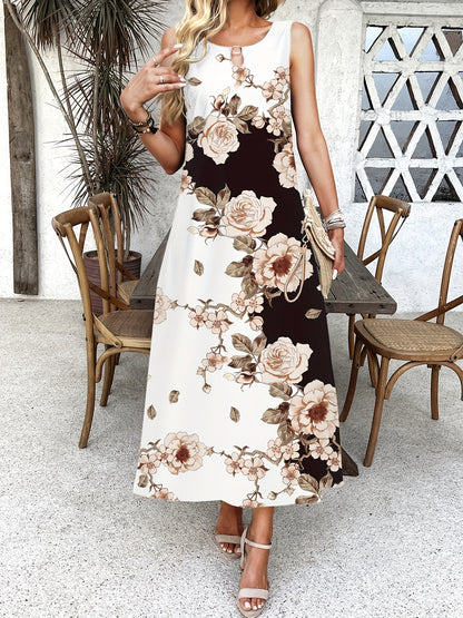 Floral Print Pocket Dress, Casual Pocket Waist Summer Swing Long Dresses, Women's Clothing