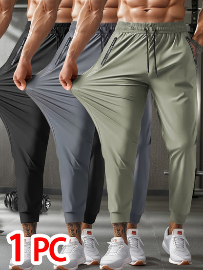 1pc Men'S Breathable Ice High-Elasticity Fabric Jogger with Drawstring Waist, Zipper Pockets - Casual Sports Cropped Pants for Weekend Wear, Solid Color, Regular Fit, Weekend Casual Wear| casual sporty style| drawstring Waistban