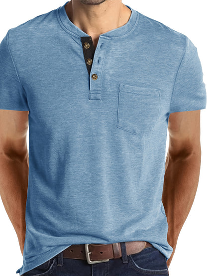 Men's Summer Casual Short Sleeve T-Shirt - Breathable Blend Round Neck Henley-Style Button Front, Semi-Sheer Fabric, Machine Washable Regular Fit for Outdoor & Casual Attire, Relaxed Style, Buttonfront Design, Easy Care, Buttonup Shirt, Warm Weather