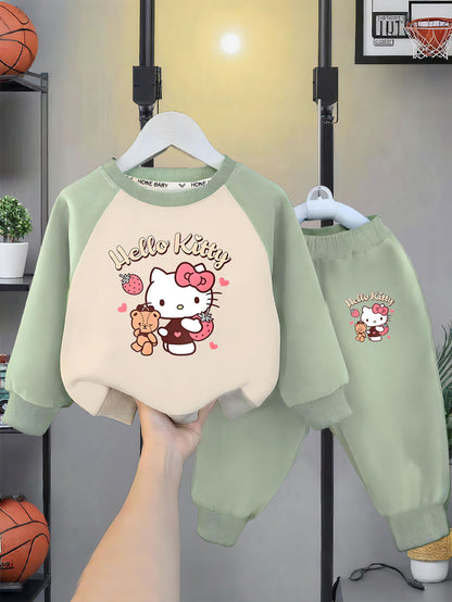 Hello Kitty Print Girls' Fashion Set, Little Girl Spliced Long-Sleeve Round Neck Crewnecksweatshirt and Joggers Two-Piece Outfit with Adorable Cat Design for Toddlers & Kids, Sanrio Spring/Fall Perfect for Outdoor
