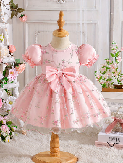 Girls' Summer Wedding Season Elegant Noble Fashion Bow Puff Sleeve Baby Girl First Birthday Gown Tulle Skirt Children's Puffy Princess Dress for Party