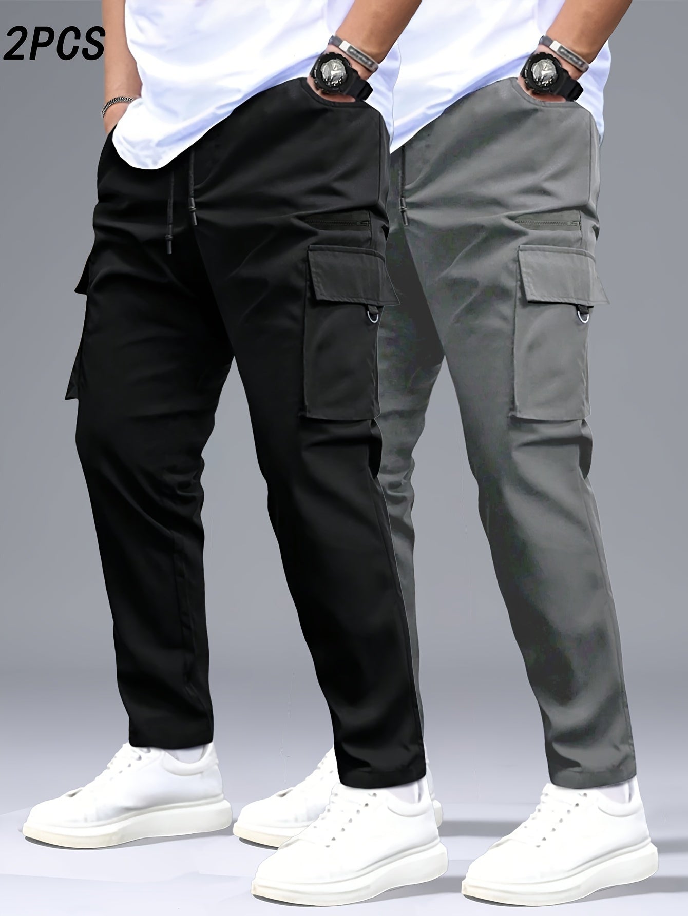 2pcs Men's Heavy-Duty Pants with Multi- Cargo Pants - Solid Color - Outdoor Pants, Belt Loops & Drawstring Waist, Machine Washable for,, Casual Wear (Regular Fit)