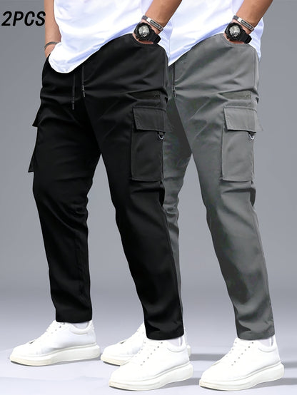 2pcs Men's Heavy-Duty Pants with Multi- Cargo Pants - Solid Color - Outdoor Pants, Belt Loops & Drawstring Waist, Machine Washable for,, Casual Wear (Regular Fit)