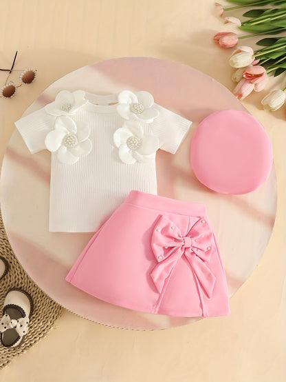 Girl's Sweet and Stylish Appliqué Short-Sleeve Top with Lining, Paired with a Bow Skirt and Beret Hat Set, Suitable for Toddler Girls as Summer Outerwear, Latest Summer Clothing for Baby Girls, Perfect for Outdoor