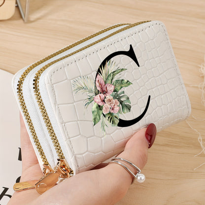 Simple, Stylish, Elegant Letter Printed Women's Credit Card Wallet, Large Capacity Multi Card Holder, Double Zipper Card Holder