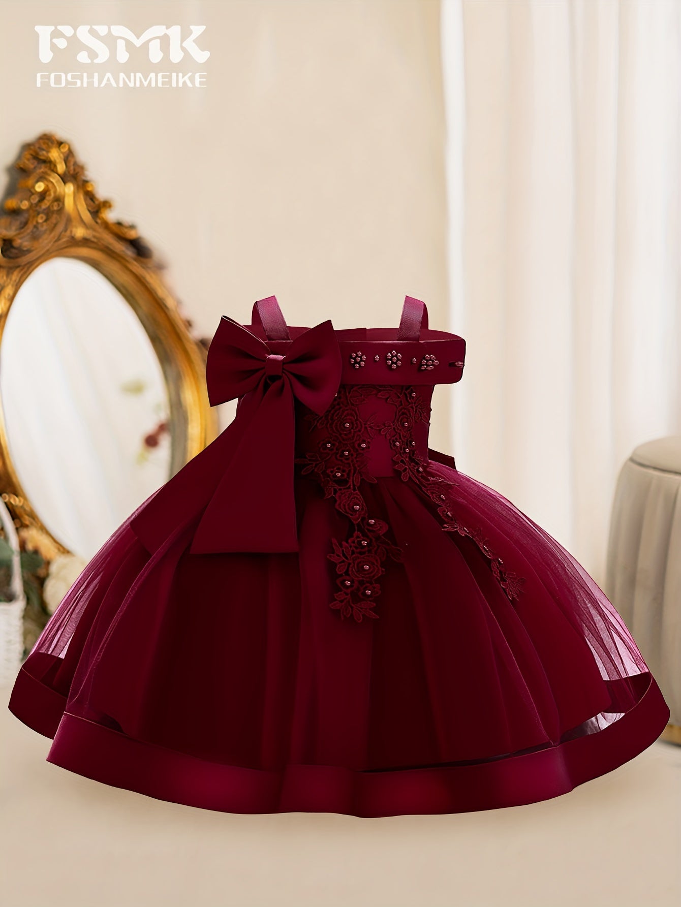 New Children'S First Birthday Baptism Dress Princess Dress Baby Girl Mesh Tutu Skirt Bow Dress Party Dress Off-The-Shoulder Embroidered Dress 1