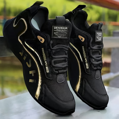 Men's Fashion Casual Sneakers - Breathable Mesh Upper, Anti-Slip Sole, Lace-Up "DENMAI" Design in White and Black with Golden Accents, All-Season Sneakers | Stylish Cross-Over Footwear