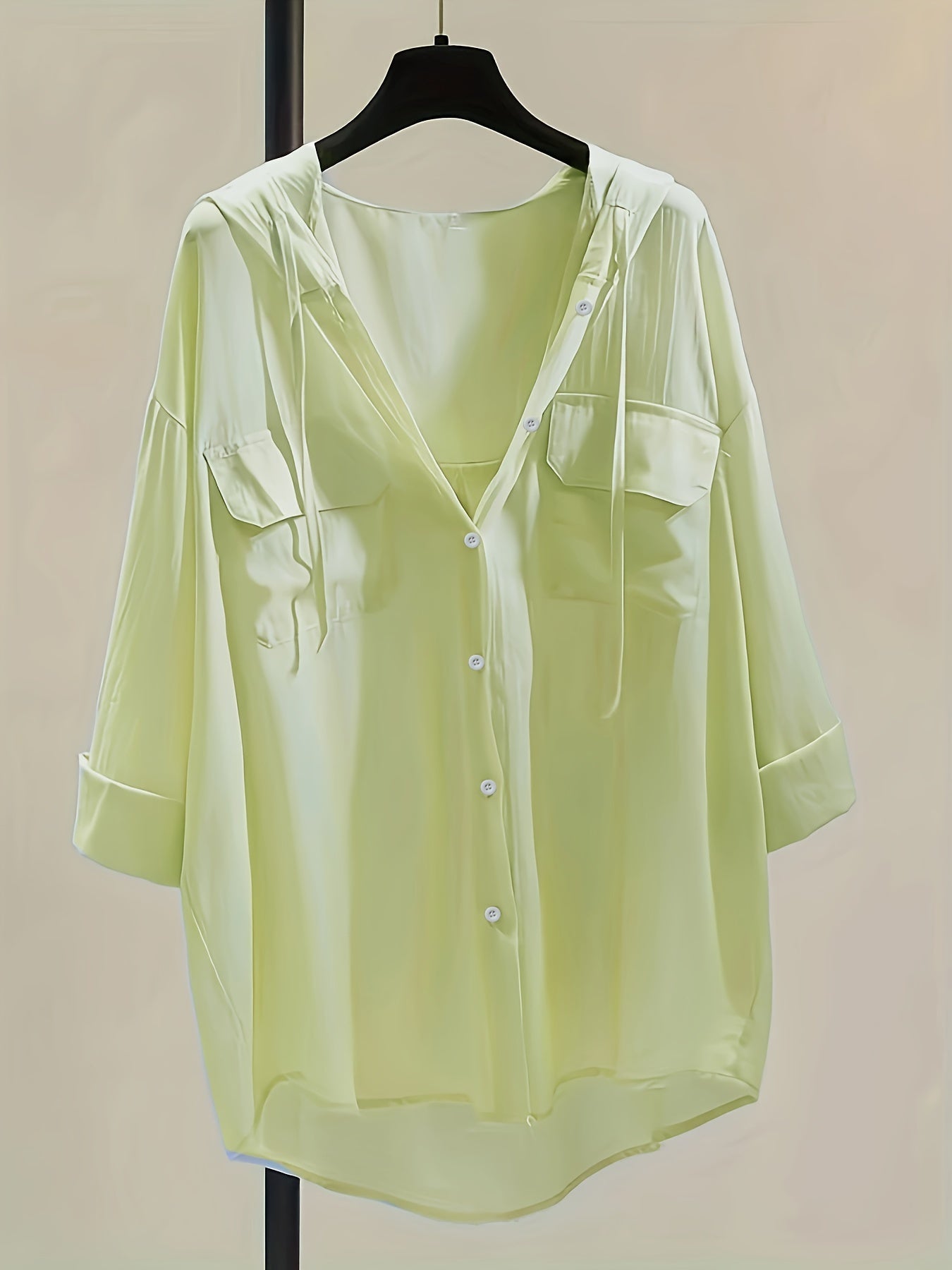 Solid Pocket Button Hooded Blouse, Casual Drawstring Blouse For Spring & Summer, Women's Clothing