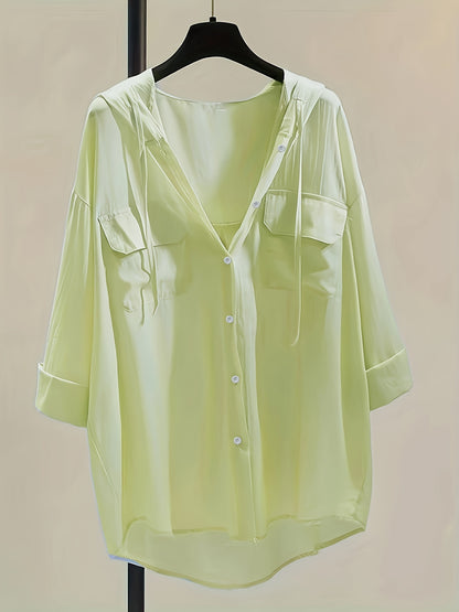 Solid Pocket Button Hooded Blouse, Casual Drawstring Blouse For Spring & Summer, Women's Clothing