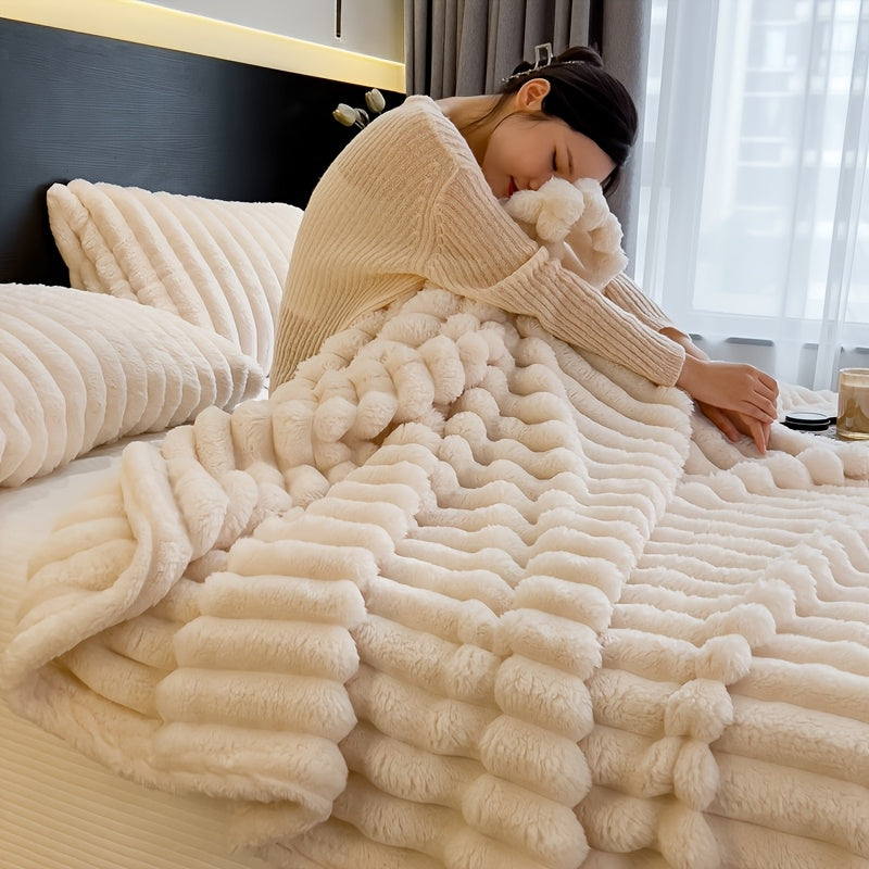 Gdan Rhinoceros Luxurious Faux Rabbit Fur Throw Blanket Suitable for Couch, Bed, Office & Travel - Soft Warm Cozy Striped Blanket, Contemporary Bedspread, Hand Washable, Ideal Christmas Gift & All-Season Use (Multicolor)