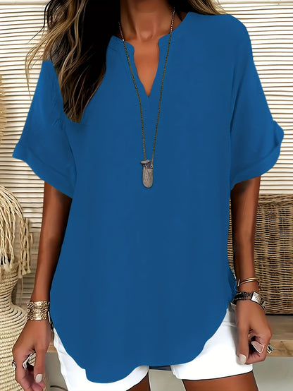 Women's V-Neck Drop Shoulder Sleeveless Solid Color Loose Short Sleeve Shirt Top