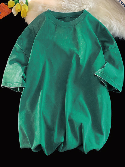 8.47 oz Heavyweight Pure Washed And Distressed Couple'S Unisex Loose American Retro Short-Sleeve T-Shirt for Spring And Summer, Trendy Men'S T-Shirt