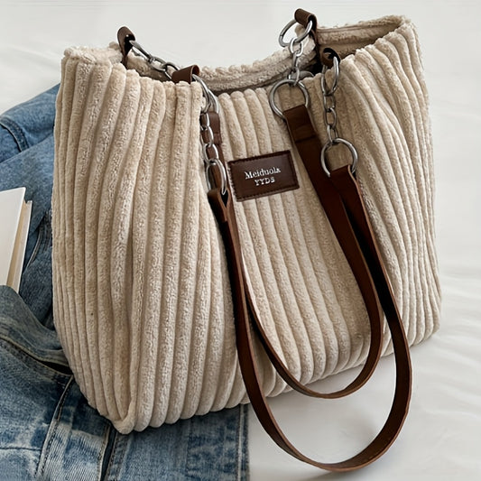 Women's Large Corduroy Tote Handbag with Corduroy - Elegant Vintage Zipper Closure Bag, Beige/Black/Khaki/Green, Soft Durable Carryall for, Travel, Casual & Dressy Occasions, Year-Round Multipurpose Handheld Purse