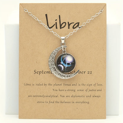 1pc Retro Glow-In-The-Dark Zodiac Moon Pendant Necklace - Vintage Style, Zinc Alloy with Accents, Adjustable Chain for Women - Ideal for Daily Wear & Gifting, Zodiac Jewelry, Gift Jewelry, Vintage Jewelry, Durable Jewelry