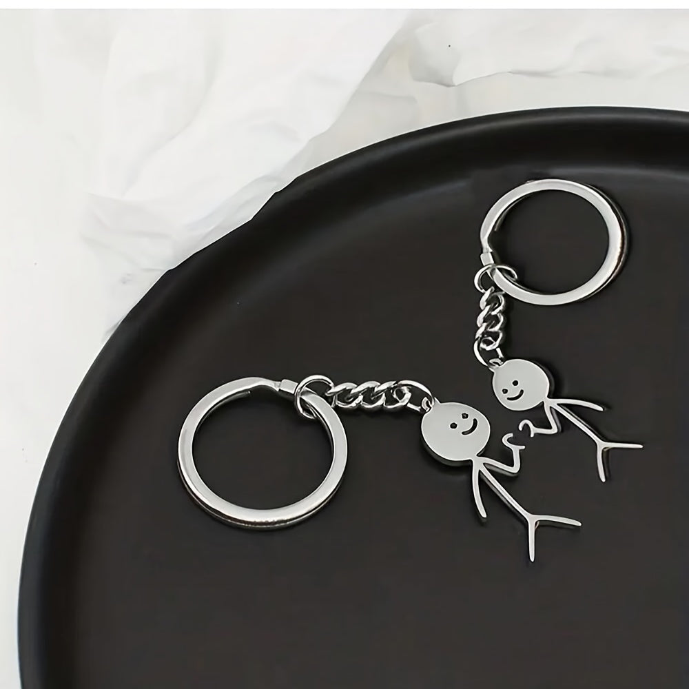 2pcs/set Alloy Stickman Matching Heart Keychain, Cute Ring Purse Bag Backpack Pendant Decoration, Valentines Gift For Him Her