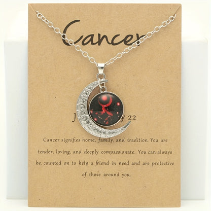 1pc Retro Glow-In-The-Dark Zodiac Moon Pendant Necklace - Vintage Style, Zinc Alloy with Accents, Adjustable Chain for Women - Ideal for Daily Wear & Gifting, Zodiac Jewelry, Gift Jewelry, Vintage Jewelry, Durable Jewelry