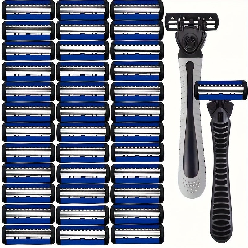 [Manual Razor Set] 6-Layer Manual Razor Set - Men's Grooming Kit with Non-Slip Metal Handle, Multiple Replacement Blades - Ideal for Beard and Mustache Trimming, Durable Shaver Set, Beard Grooming Kit, Sleek Razor Design