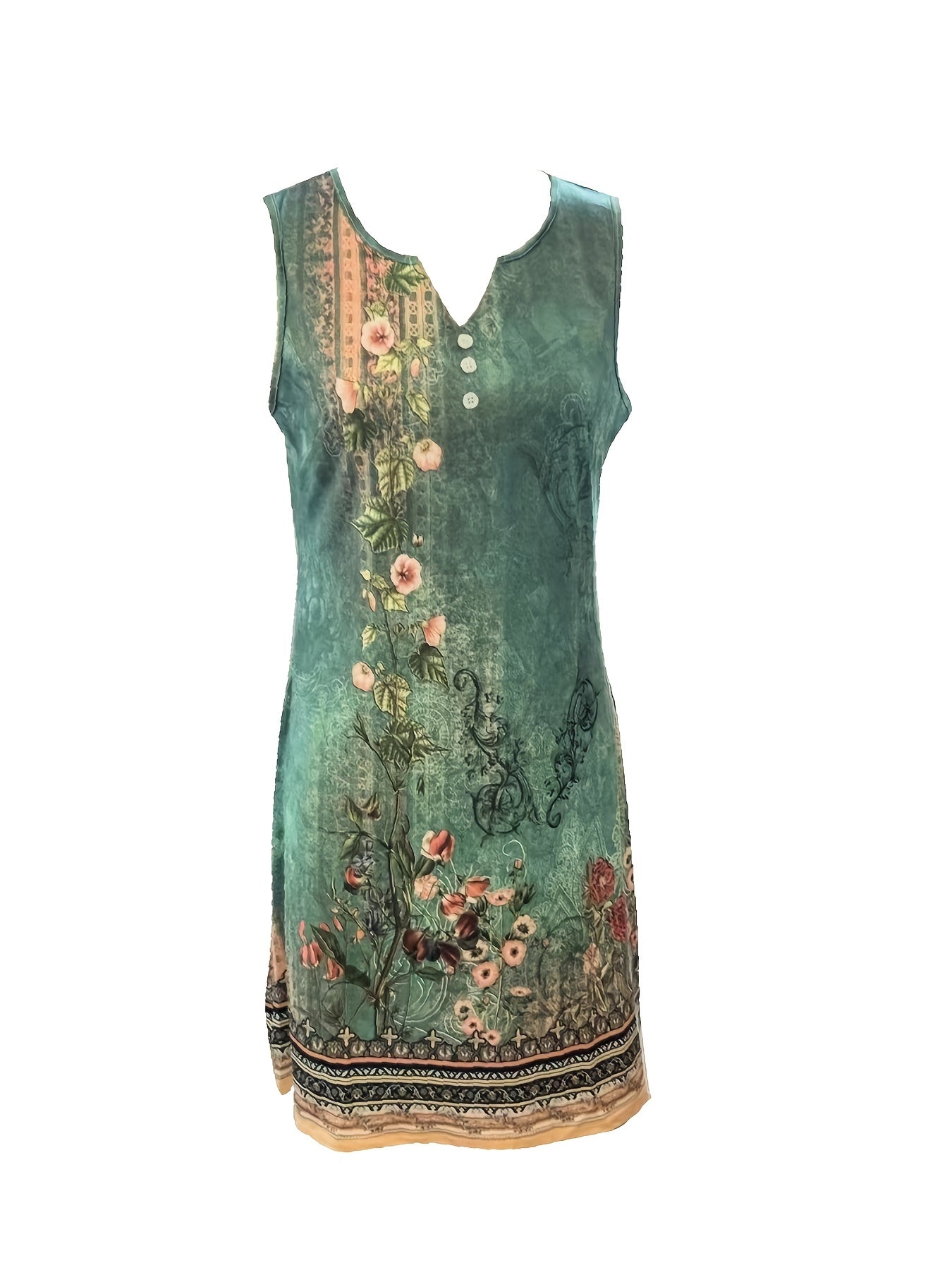 [Elegant Maxi Dress] Elegant Floral Print Women's Maxi Dress | Teal Green & Beige Vneck Design, Form-Fitting Top & Flowy Hem, Machine Washable, Stretchy Fabric, Party/Office/Casual Outfit for Spring/Summer/Fall