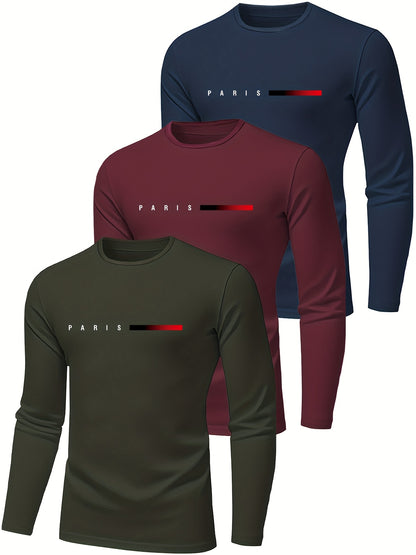3-Pack Men'S Long-Sleeve T-Shirts, Breathable And Quick-Drying, Crew Neck, Medium Stretch, Printed, Regular Fit, Ideal for Gym Workouts, Morning Runs, Outdoor Activities, Comfortable Everyday Wear