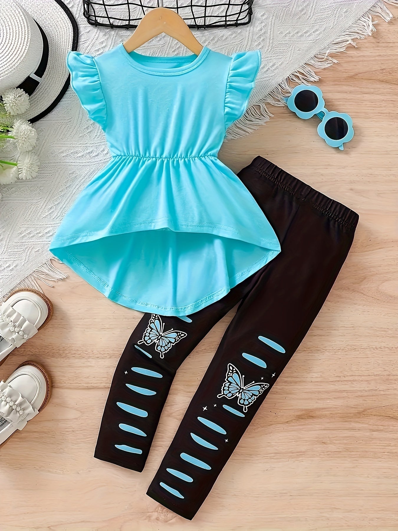 A Set of Two Items, Featuring a Ruffled Sleeve Round-Neck T-Shirt And Butterfly Patterned Pants, Perfect for a Stylish Summer Gift, for Outdoor