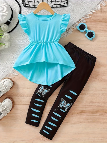 A Set of Two Items, Featuring a Ruffled Sleeve Round-Neck T-Shirt And Butterfly Patterned Pants, Perfect for a Stylish Summer Gift, for Outdoor