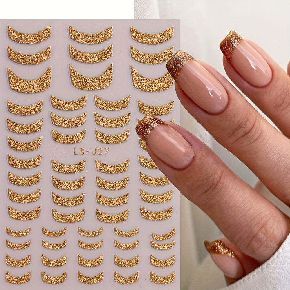 French Golden Silvery Glitter Ribbon Nail Stickers, Simple Nail Art Decals, Self-adhesive, Matte Finish, Unscented, Fantasy Theme, Irregular Shape, Paper Material, Single Use
