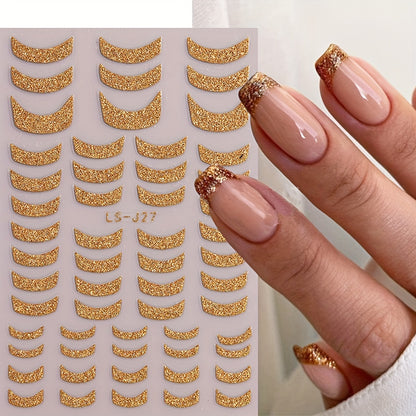 French Golden Silvery Glitter Ribbon Nail Stickers, Simple Nail Art Decals, Self-adhesive, Matte Finish, Unscented, Fantasy Theme, Irregular Shape, Paper Material, Single Use