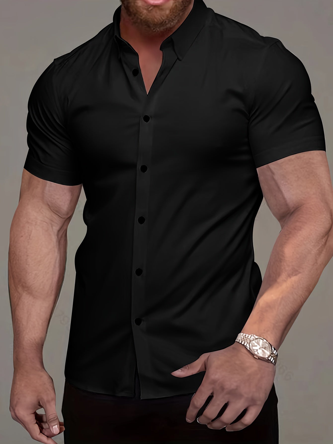Muscle Man Fitness Short Sleeve Lapel Shirt | Non-Stretch, Solid Color, Button Detail, Summer Business Casual Non-Iron Shirt