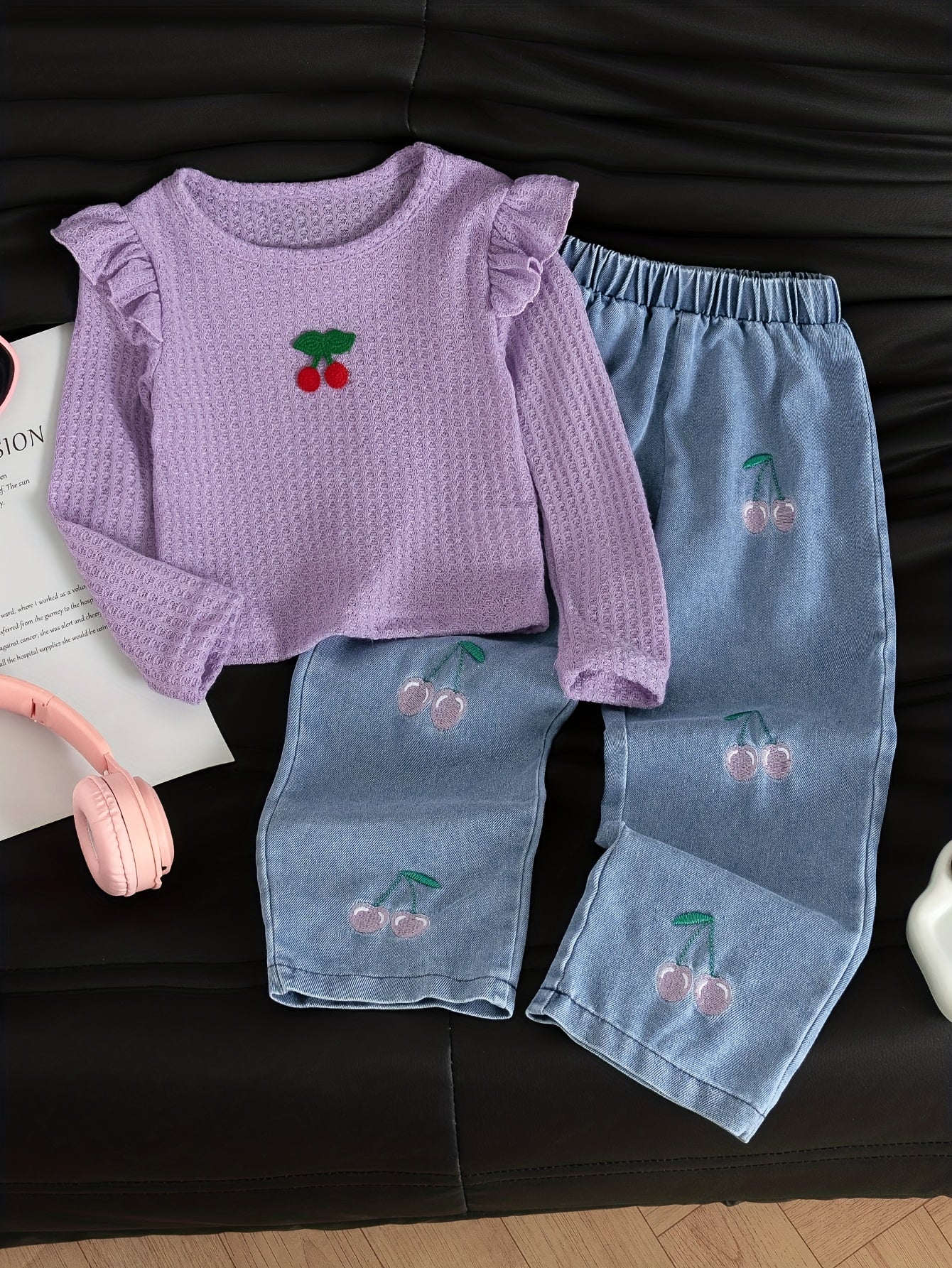New Spring And Autumn Girls' Cute Ruffled Cherry Long-Sleeved Shirt/Cherry Embroidered Denim Long Pants Set 2pcs Set, for Outdoor