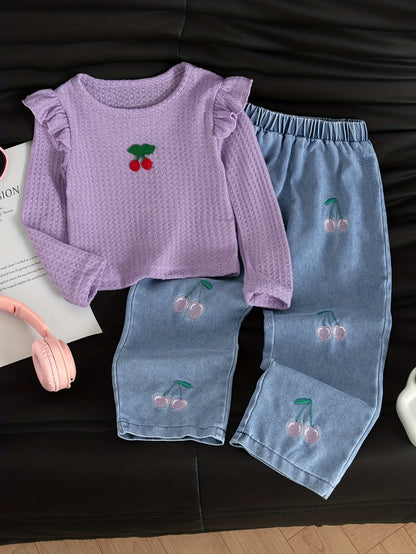 New Spring And Autumn Girls' Cute Ruffled Cherry Long-Sleeved Shirt/Cherry Embroidered Denim Long Pants Set 2pcs Set, for Outdoor