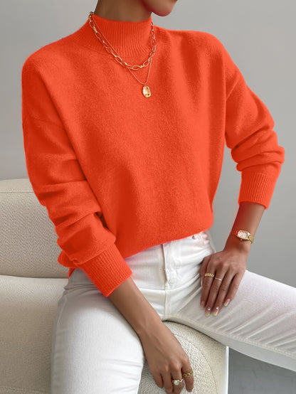 [Solid Color Pullover Sweater] Elegant Mock Neck Long Sleeve Drop Shoulder Women's Solid Color Pullover Sweater