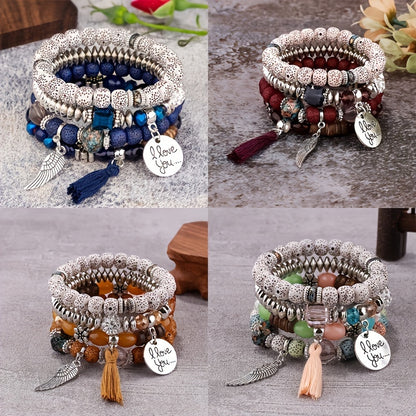 [4pcs Bohemian Bracelets] 4pcs Bohemian Winged Tassel Beaded Bracelets | Women's Fashion Jewelry, Versatile for Casual Attire and Perfect Holiday Gift