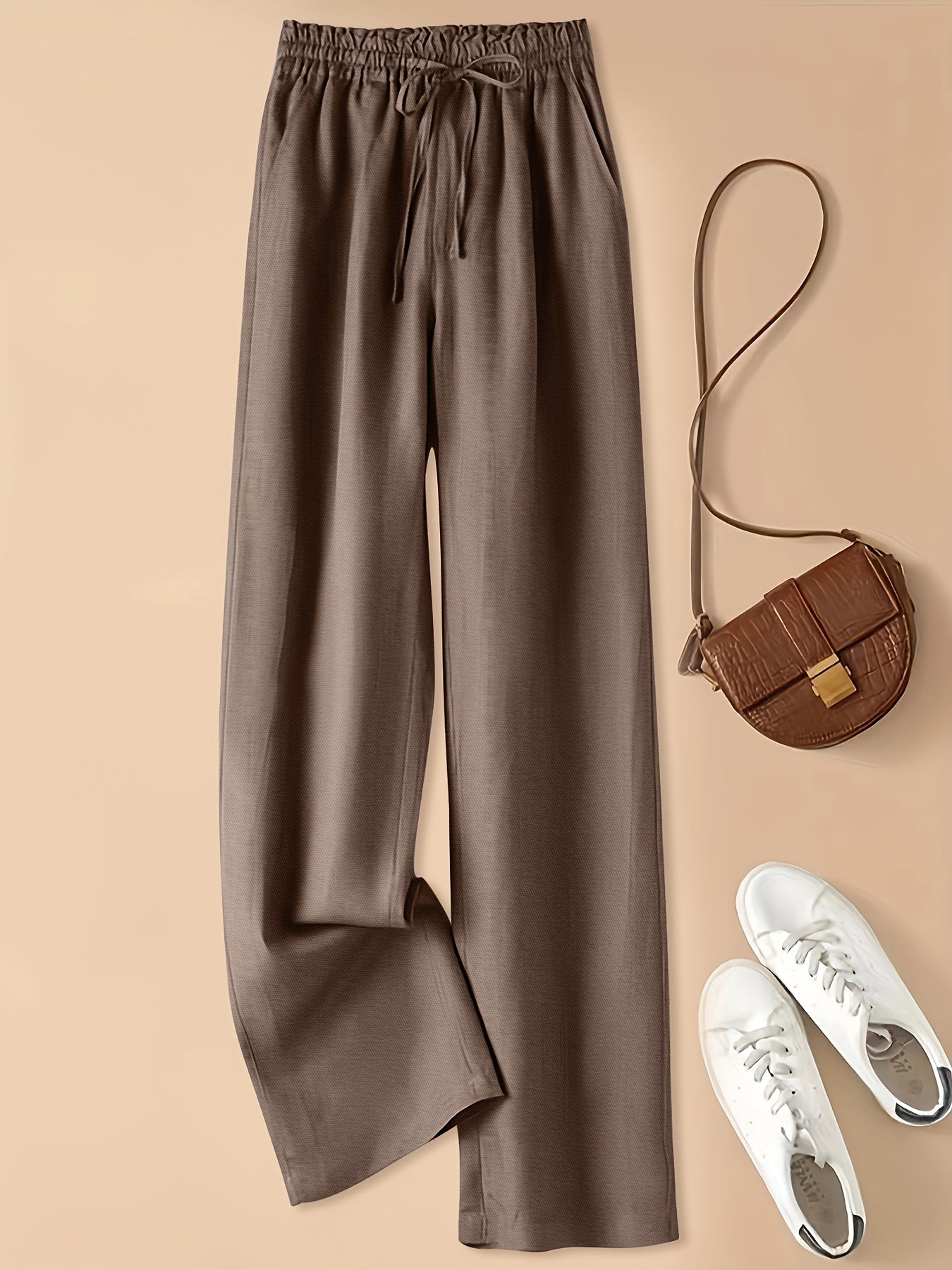 Vintage Loose-Fit Thin-Linen Wide-Leg Pants for Women, High-Waisted with Elastic Waistband and Drawstring, Artistic Casual Straight-Leg Trousers
