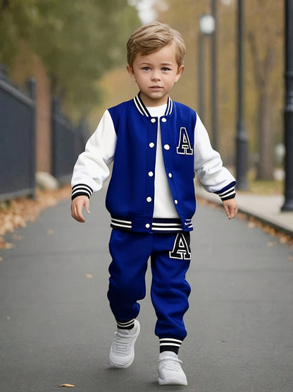 European And American Boys' Autumn And Winter Baseball Jacket with Letter A Print + Letter A Print Long Pants Two-Piece Set, for Outdoor