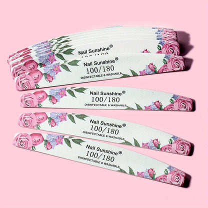 10pcs Rose Half- Nail File Set - Elegant Floral Design, Non-Replaceable Sandblasted Surface, Fine Grit for Smooth Nail Polish Application, For Toenail& Foot Clean