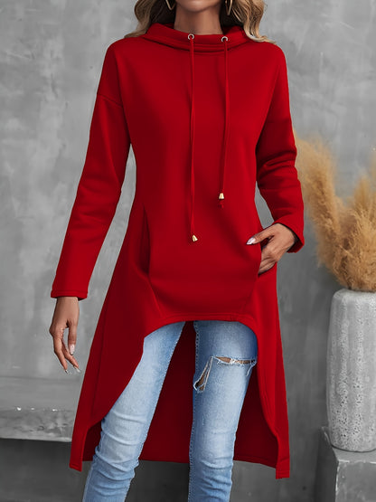 Long Sleeve Solid Color Drawstring Hoodie, Casual Hig-low Hoodie Sweatshirt for Women