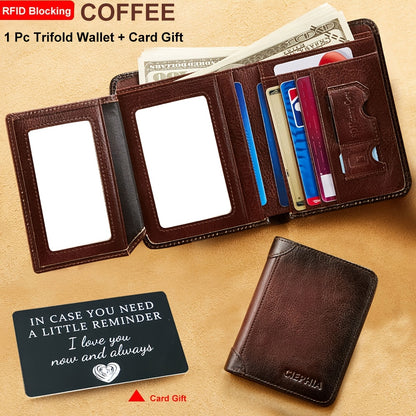 Genuine Leather Men's Wallet with Blessing Card Set, RFID Blocking, Ultra-Thin, Top-Grain Cowhide, Compact Multi-Function ID and Credit Card Holder, Christmas Valentine's Day Father's Day Gift