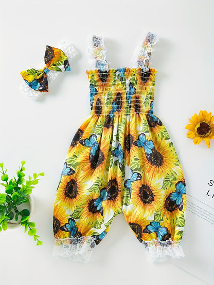 Girl's Stylish Summer Outfit Set: 2pcs Thin Bodysuit with Lace Camisole and Bell-Bottom Shorts, Cool and Comfortable, Includes Hair Accessories, Suitable for Photoshoots and Outings, Perfect for Outdoor