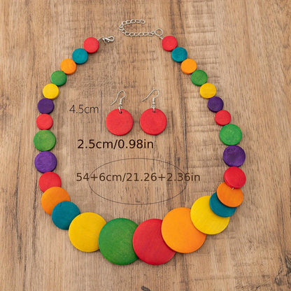 [Bohemian Jewelry] Colorful Bohemian Three-Piece Wooden Necklace and Earrings Jewelry Set for Women