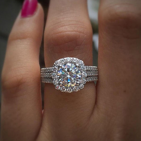 [READKISS | Synthetic Zirconia] READKISS 1.5 Ct Synthetic Zirconia 4 Prong Setting Single Stone Side Micro Pave 3 Row Rings | Plated White K Copper | for Women, Valentine's Day, Wedding, Casual Party, Daily Occasion, April Birthstone, All Season