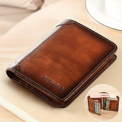 [RFID Wallet] A Men's Genuine Leather RFID Blocking Wallet - Ultra-Thin Foldable Design, Featuring 2 ID Card Slots, Large Capacity for Cash And Cards, Gold-Tone Hardware, And Anti-Theft Design