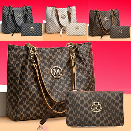 Fashionable Retro Style Women'S Tote Bag with "M" Print | Large Capacity, Fixed Shoulder Straps, Lining, Ideal for Daily Use and Work Commute, Includes Matching Wallet
