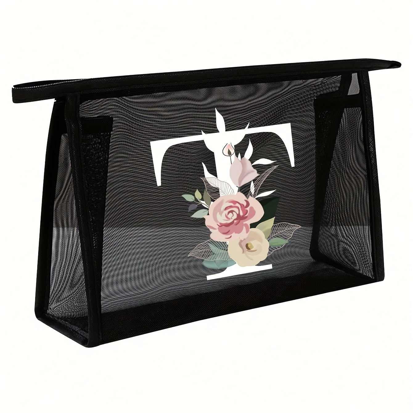 1pc Black Mesh Toiletries Storage Bag | Large Capacity Pink Flowers With White Letters A-Z, Transparent Mesh, Multi-Functional Travel Portable Bag, Lipstick Skin Care Storage, Easy And High-End, Jewelry Storage, Foldable And Lightweight