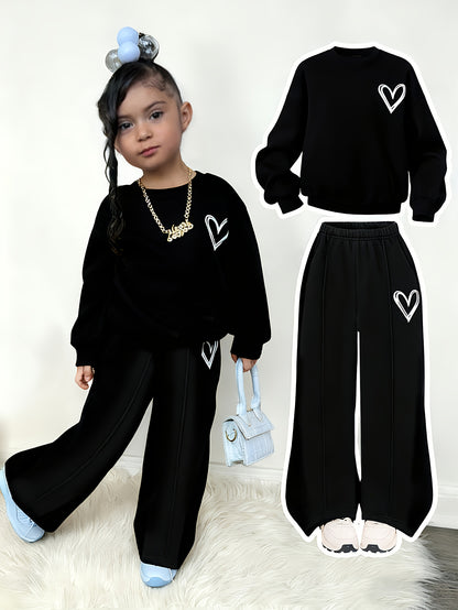 Girls' Heart Print Fleece Sweatshirt & Long Pants Two-Piece Set, Warm Cozy Comfortable Fabric, Perfect for Autumn Winter Outdoor Wear, Great Gift for Children