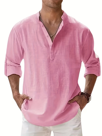 Cotton Cotton And Linen Blend Hot Men's Long-Sleeved Shirts Summer Solid Color Stand-Up Collar Casual Beach Style Plus Size Cotton And Linen Blend for Man Tops