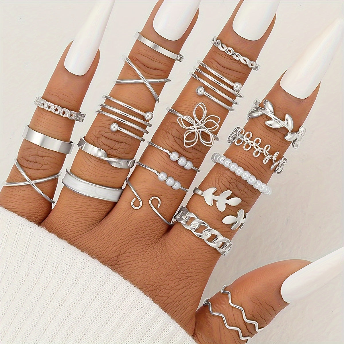 21pcs Olive Branch & Minimalist Flower Rings - Uncoated Olive Branch & Small Round//Square Bands for, Daily Wear & Resort, Year-Round Versatile (21-Ring Set)